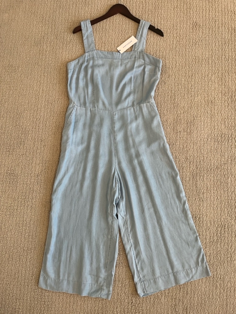 🩷 NWT POPSUGAR Pale Blue Wide-Leg Square Neck Jumpsuit Soft Flowy Lightweight